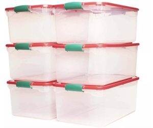 Homz 64 Quart Holiday Seasonal Decor Decoration Organizer Plastic Storage Bin Container with Red Tight Latching Lid and Green Handles, 6 Pack